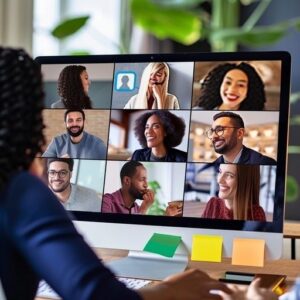 Digitalt teammöte med nio deltagare på en datorskärm